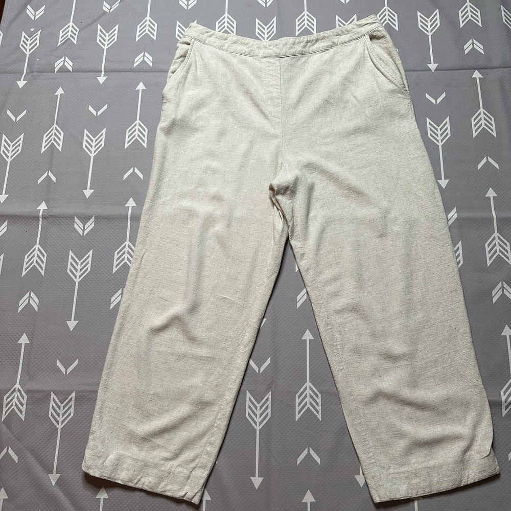 Chico's Women's Sz 2 (Large) Beige Cropped Pants Wide Leg Zip Rayon Linen Blend